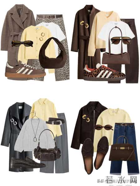 早春穿搭灵感配色方案:嫩黄 + 棕色-灰色 = 温柔高级感