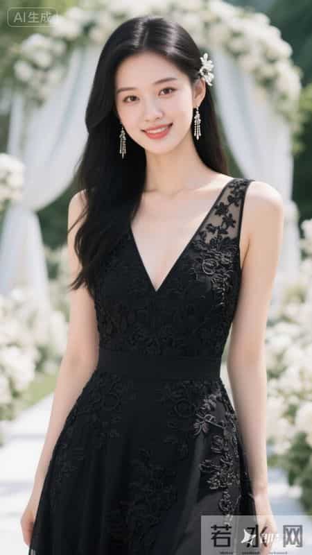 繁花缀满黑裙,温柔又明艳,在花墙前,氛围感直接拉满