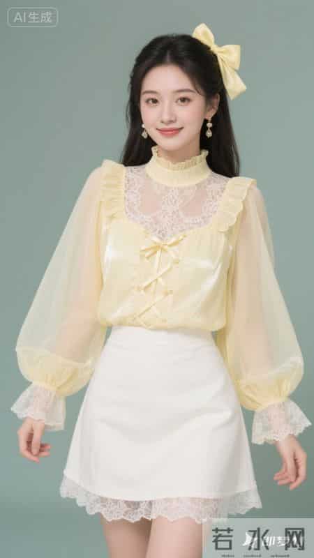 淡黄蕾丝配蝴蝶结，甜妹风拉满，温柔又显气质