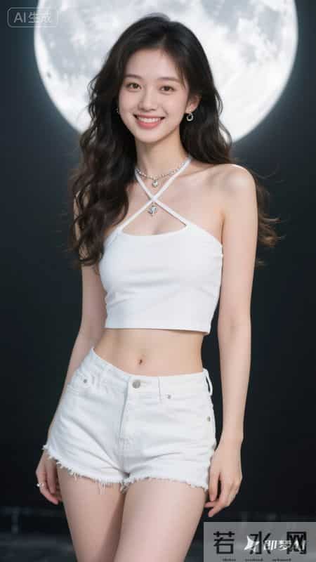 白色挂脖吊带搭牛仔短裤,冷白皮衬得清爽,纯欲又利落