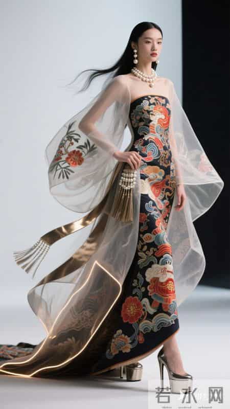 东方美女。远景拍摄，中西结合长礼服，夸张的拖尾，立体裁剪