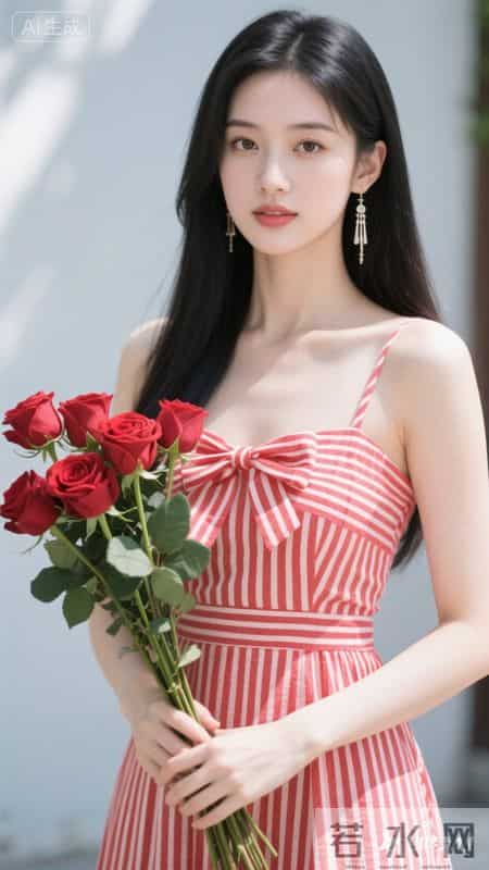 身着红白条纹吊带裙，蝴蝶结点缀胸前，手持玫瑰，尽显清甜灵动