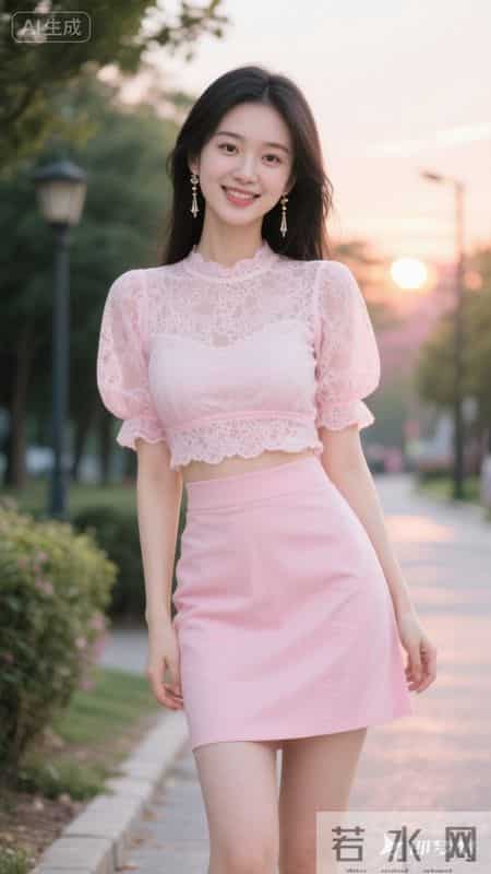 粉蕾丝泡泡袖上衣配同色包臀裙，漫步黄昏街道，甜美精致又温柔