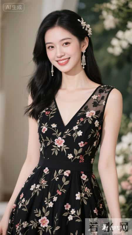 繁花缀满黑裙,温柔又明艳,在花墙前,氛围感直接拉满