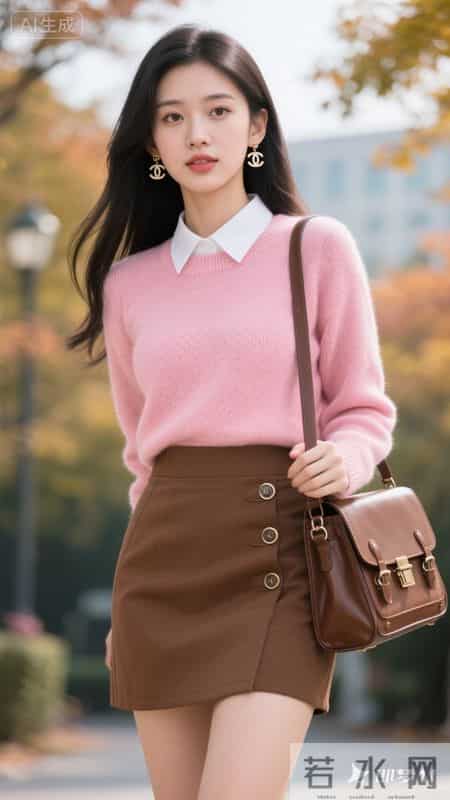粉糯针织衫配棕色皮裙，元气又温柔的秋日穿搭