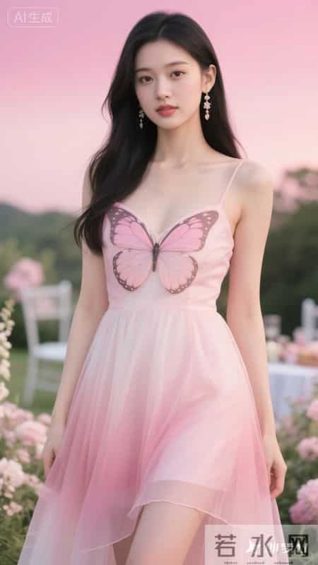 渐变粉纱裙配蝴蝶装饰,邂逅粉色浪漫