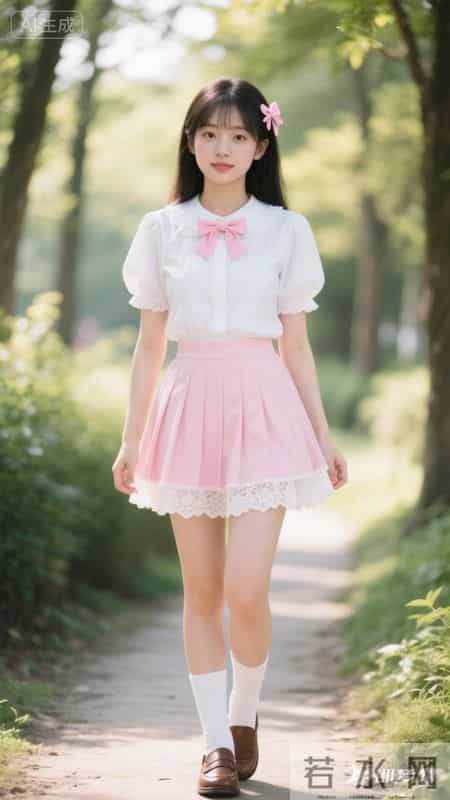 娃娃领衬衫+粉百褶裙,林间漫步,把可爱穿在身上
