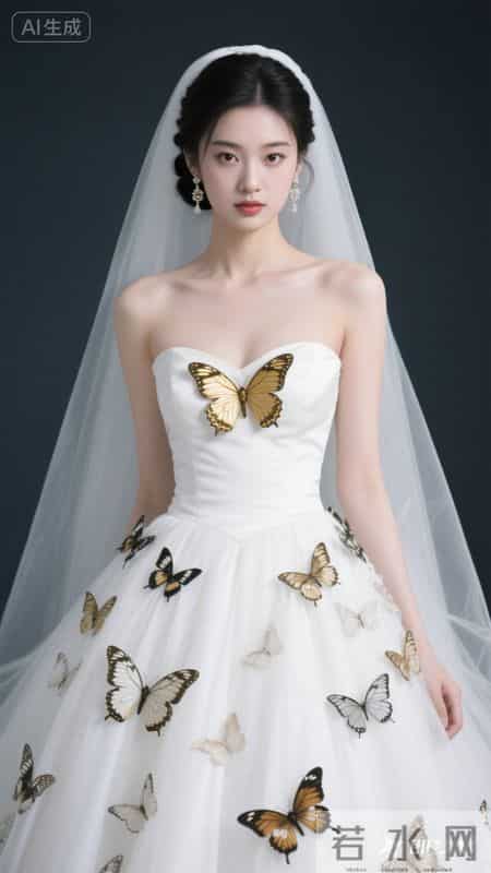 一袭抹胸白裙缀满金蝶，清冷又尽显优雅韵味