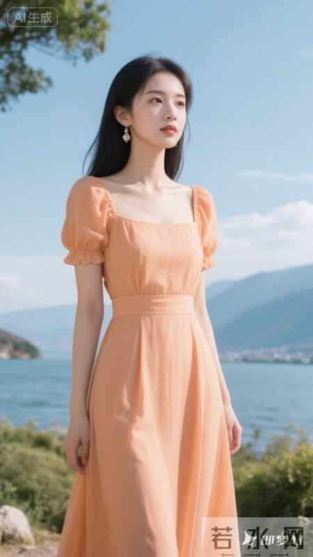 暖橘色方领泡泡袖连衣裙，清新又元气