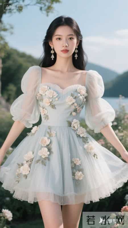 浅色纱裙缀满立体玫瑰，清甜又灵动