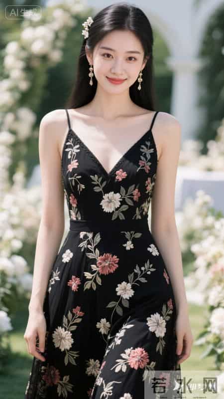 繁花缀满黑裙,温柔又明艳,在花墙前,氛围感直接拉满