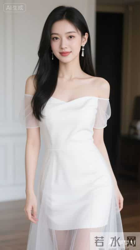 一字肩网纱连衣裙，薄袖轻透，裙摆灵动，尽显温柔优雅的气质