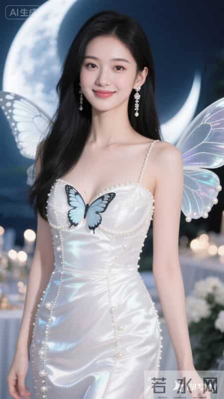幻彩白缎面吊带裙，蝴蝶装饰，优雅灵动