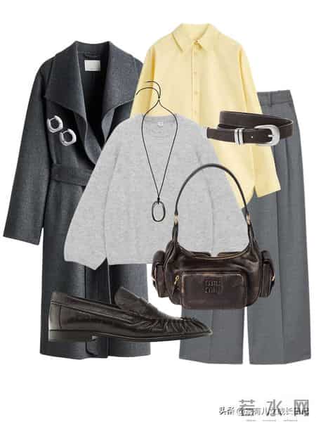 早春穿搭灵感配色方案:嫩黄 + 棕色-灰色 = 温柔高级感