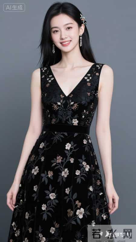 繁花缀满黑裙,温柔又明艳,在花墙前,氛围感直接拉满