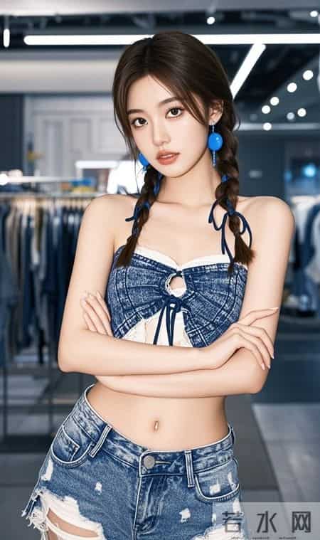 蕾丝吊带搭牛仔短裤，蓝钻耳饰点缀，甜酷辣妹直接美出圈