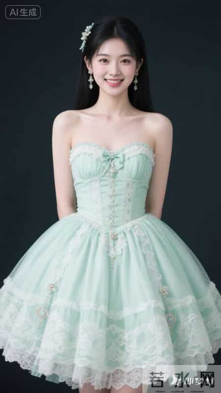 薄荷绿吊带洛丽塔裙清新甜美，蕾丝花边点缀，尽显少女浪漫公主感