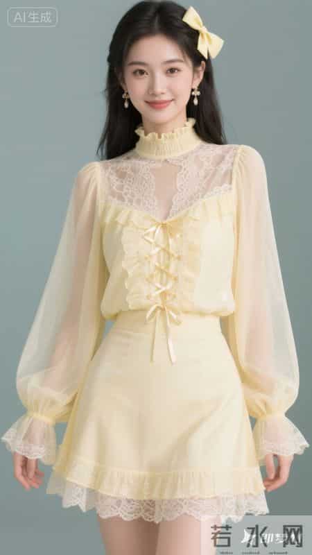 淡黄蕾丝配蝴蝶结，甜妹风拉满，温柔又显气质