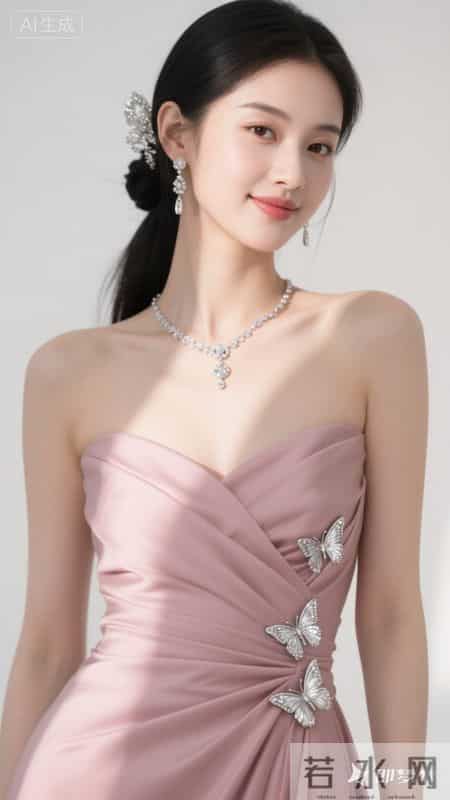 身着粉缎抹胸礼服，银蝶精致闪耀，浅笑间尽显优雅温柔