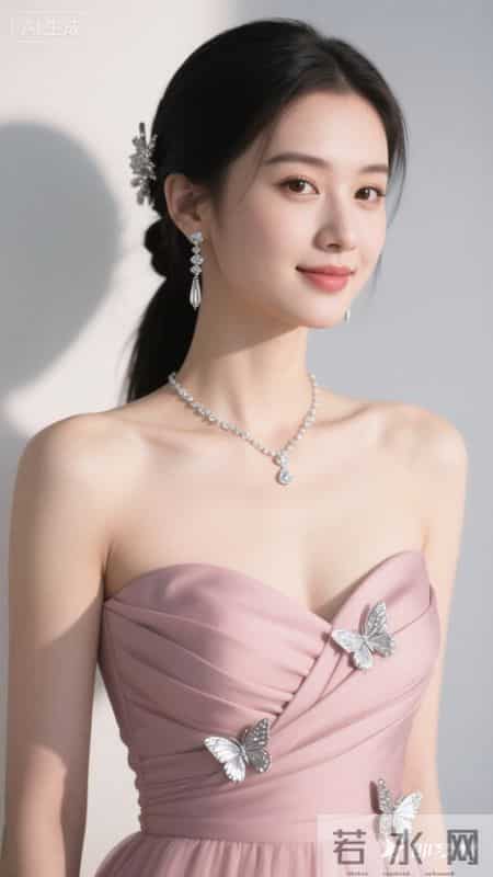 身着粉缎抹胸礼服，银蝶精致闪耀，浅笑间尽显优雅温柔