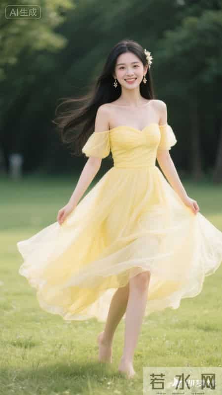 穿着淡黄色一字肩纱裙，裙摆轻盈飘逸，在草地上奔跑，清新又好看