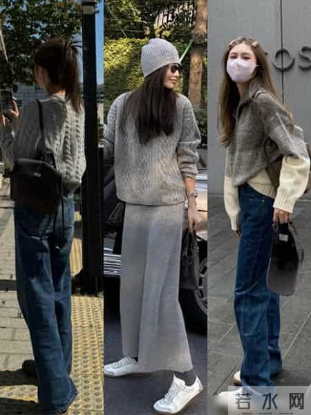 秋冬很火穿搭，灰色麻花毛衣、酒红色针织衫、针织半裙，高级感