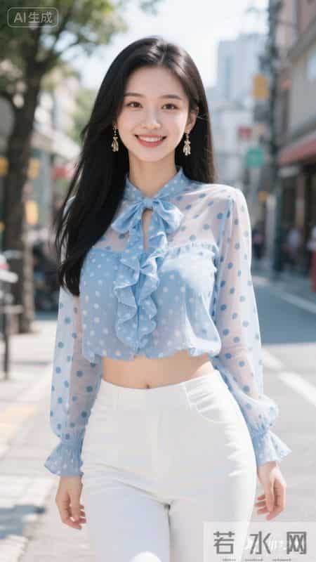 蓝色波点雪纺衬衫搭配白色裤子，清爽又清甜