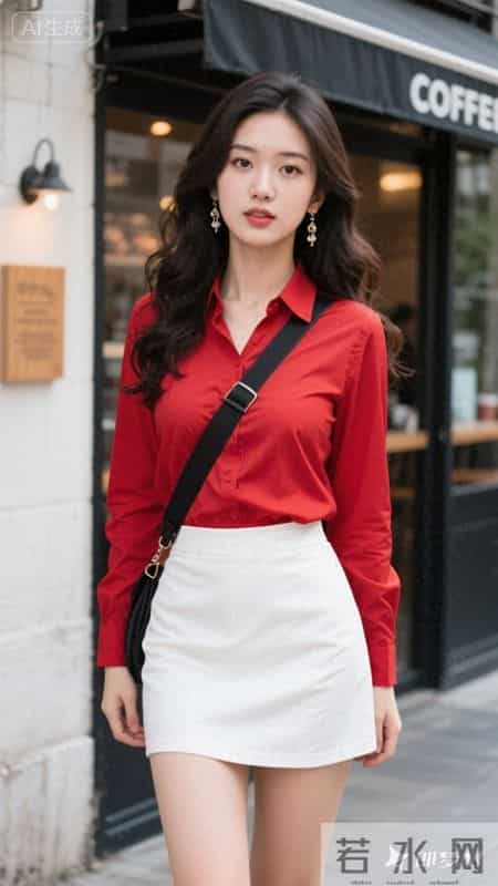 红衫配白裙，漫步街角咖啡店，今日份明艳氛围感拉满