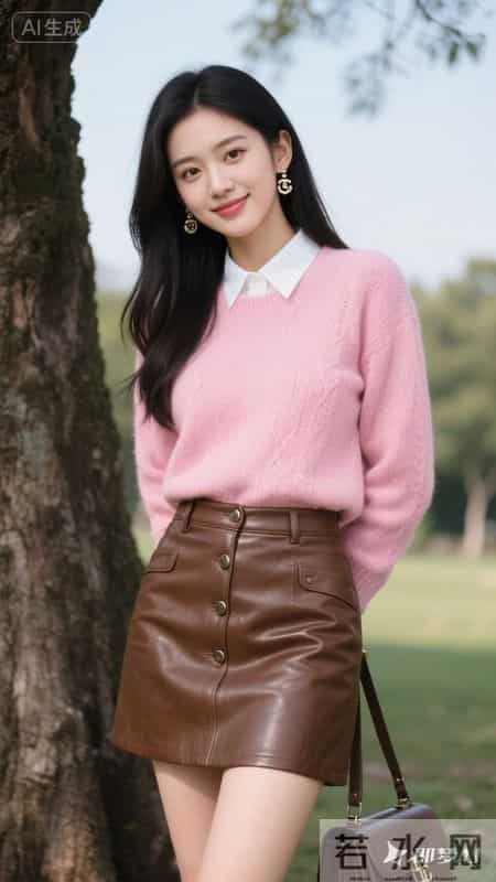粉糯针织衫配棕色皮裙，元气又温柔的秋日穿搭