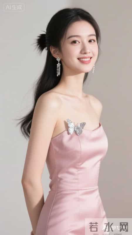 身着粉缎抹胸礼服，银蝶精致闪耀，浅笑间尽显优雅温柔