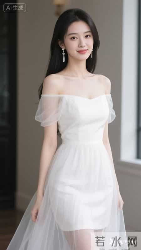 一字肩网纱连衣裙，薄袖轻透，裙摆灵动，尽显温柔优雅的气质