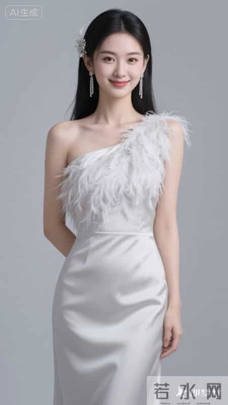 斜肩裙饰羽毛,缎面质感高级,温柔又显气质