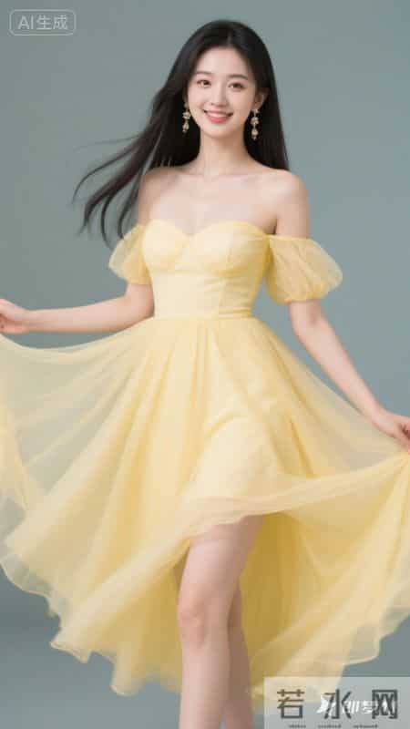 穿着淡黄色一字肩纱裙，裙摆轻盈飘逸，在草地上奔跑，清新又好看