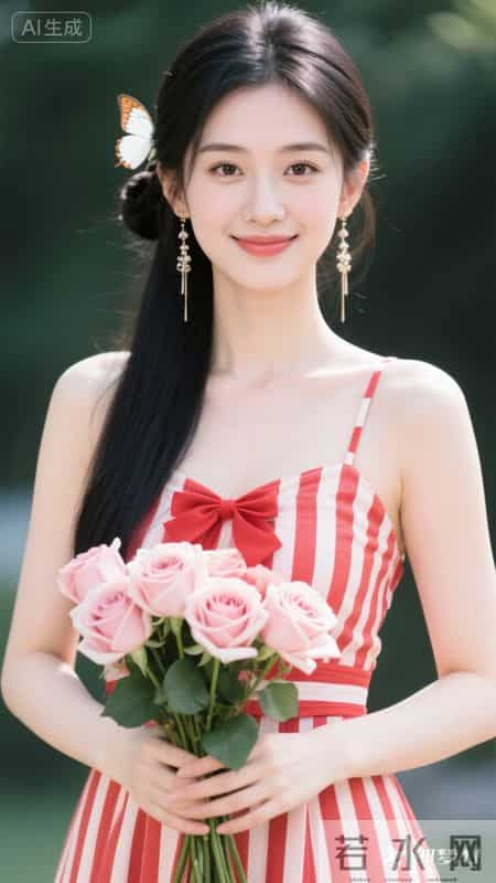 身着红白条纹吊带裙，蝴蝶结点缀胸前，手持玫瑰，尽显清甜灵动