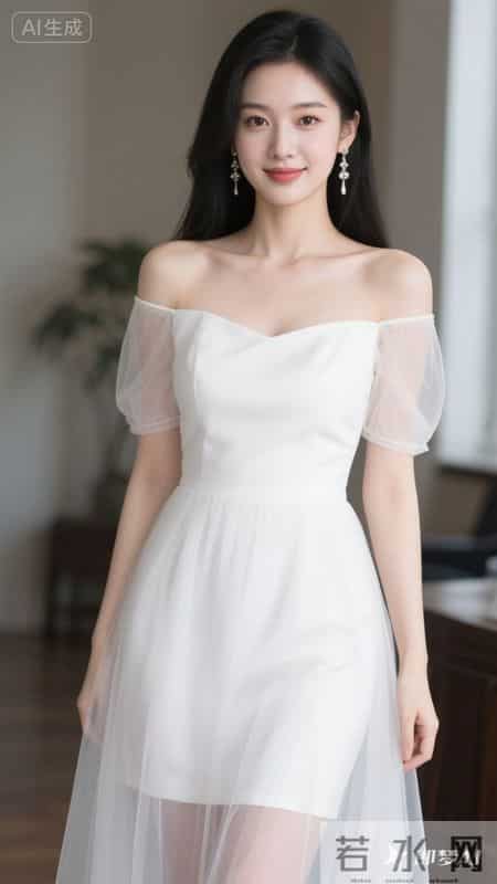 一字肩网纱连衣裙，薄袖轻透，裙摆灵动，尽显温柔优雅的气质