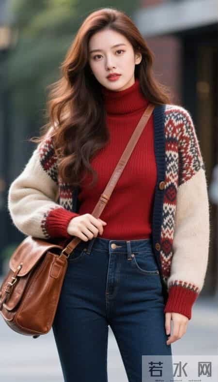 菱格图案毛衣与牛仔裤