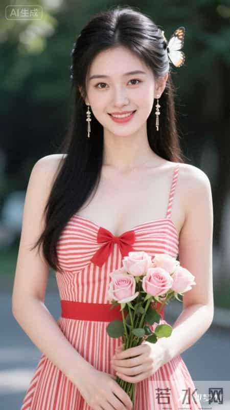 身着红白条纹吊带裙，蝴蝶结点缀胸前，手持玫瑰，尽显清甜灵动