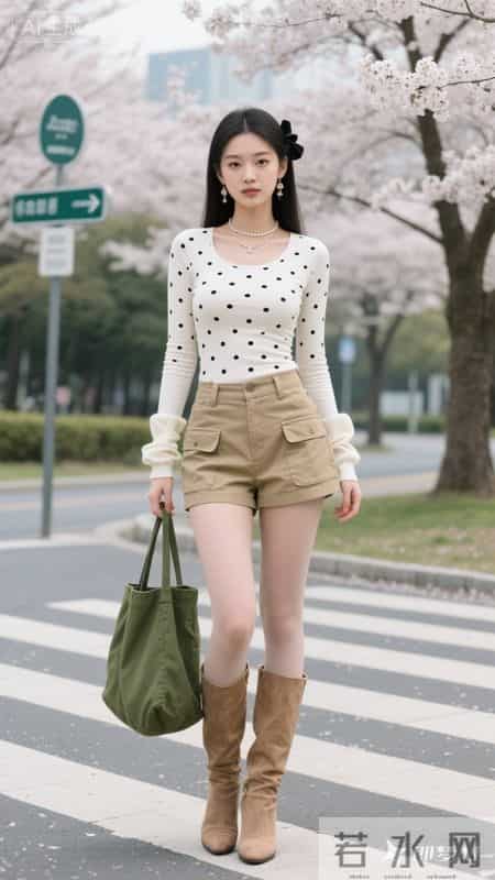 白底黑点上衣,搭配卡其色工装短裤利落显腿长,甜酷感拉满