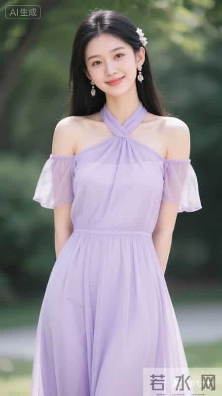 挂脖露肩设计连衣裙，薄纱材质自带通透感