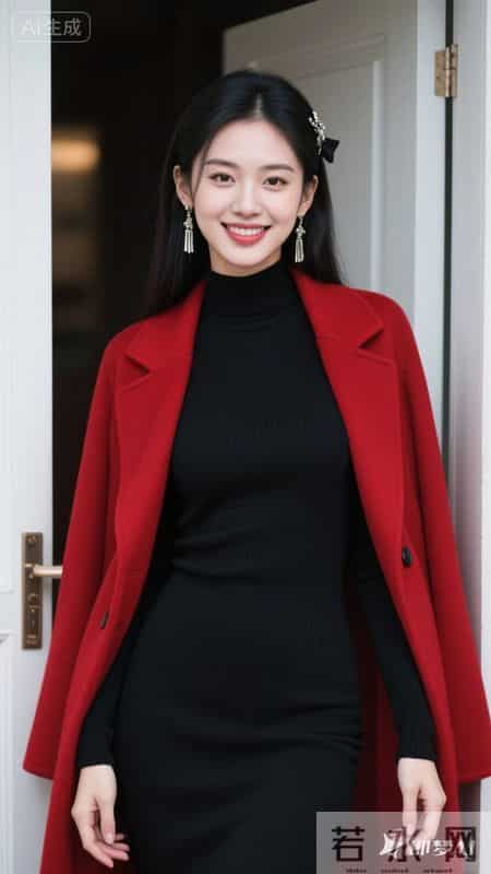 正红大衣搭黑色针织裙，明艳大气，简约又高级