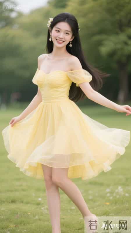 穿着淡黄色一字肩纱裙，裙摆轻盈飘逸，在草地上奔跑，清新又好看
