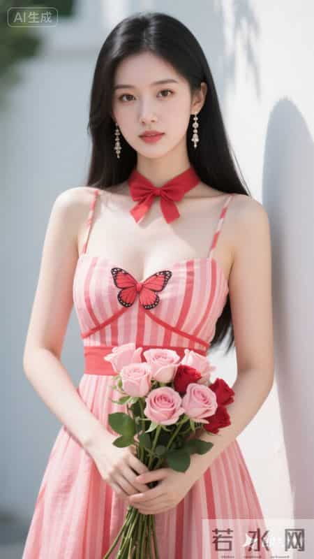 身着红白条纹吊带裙，蝴蝶结点缀胸前，手持玫瑰，尽显清甜灵动