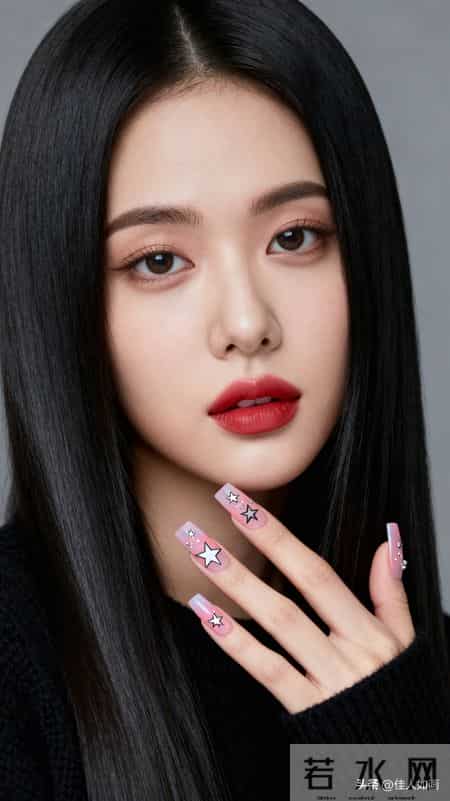 黑毛衣+渐变粉美甲，极简风也能美到发光