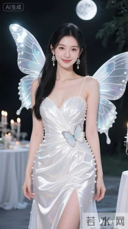 幻彩白缎面吊带裙，蝴蝶装饰，优雅灵动