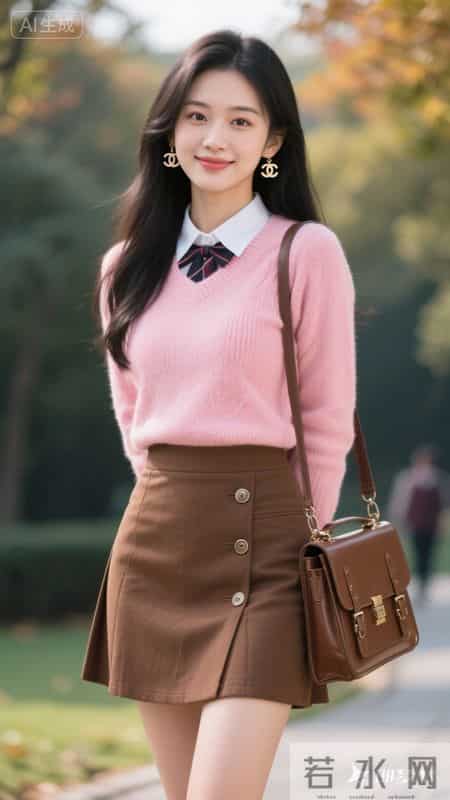 粉糯针织衫配棕色皮裙，元气又温柔的秋日穿搭