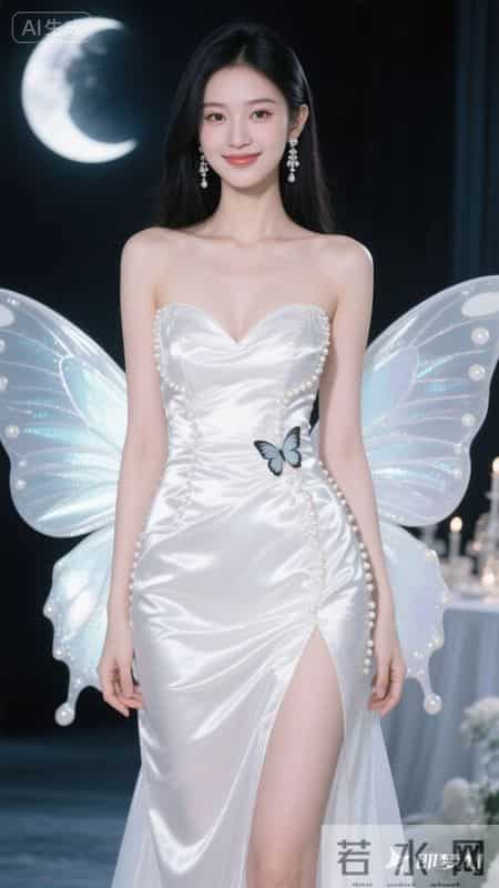 幻彩白缎面吊带裙，蝴蝶装饰，优雅灵动