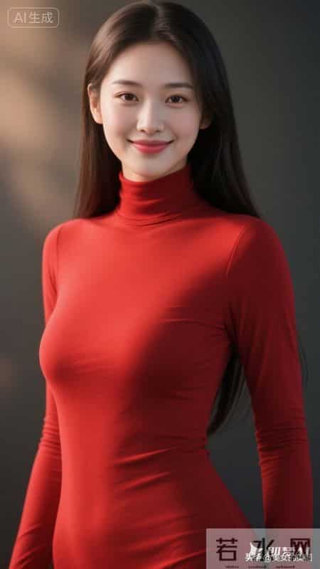 绝色佳人,中国红色高领打底上衣女人,美极了