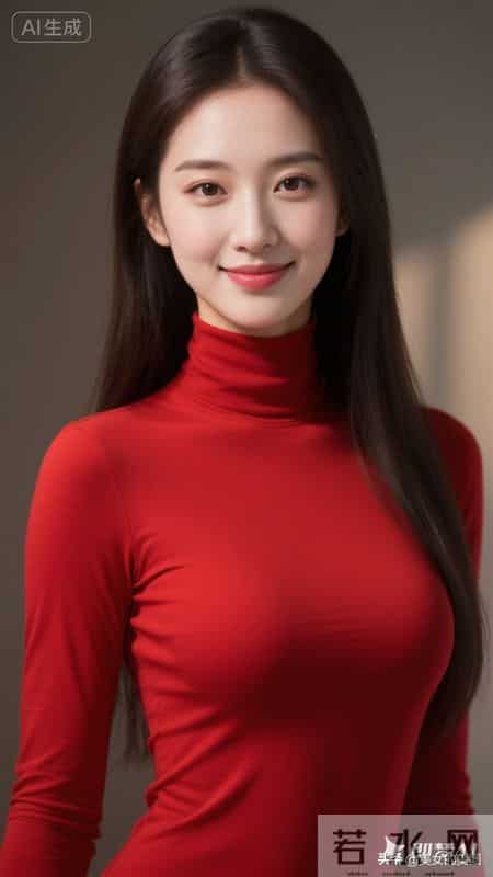 绝色佳人,中国红色高领打底上衣女人,美极了