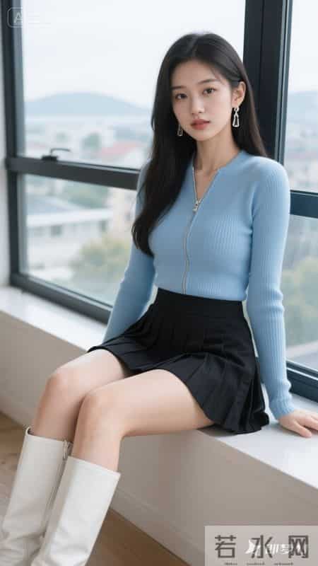 浅蓝针织衫配黑百褶裙，简约清新又显活力