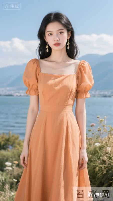 暖橘色方领泡泡袖连衣裙，清新又元气